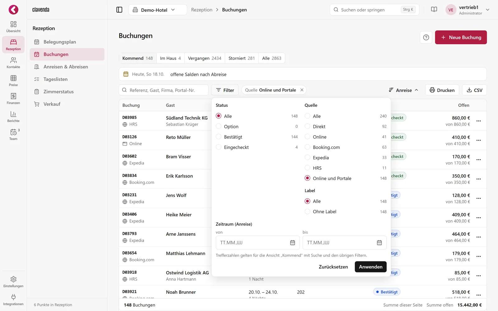 Buchungsliste mit Quelle je Buchung: Booking.com, Expedia, Online, Direkt