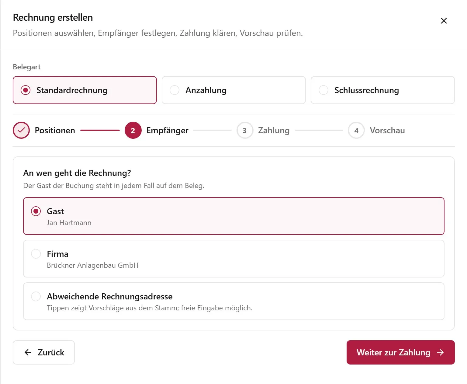 Rechnung erstellen: Belegart wählen, Positionen, Empfänger, Zahlung, Vorschau