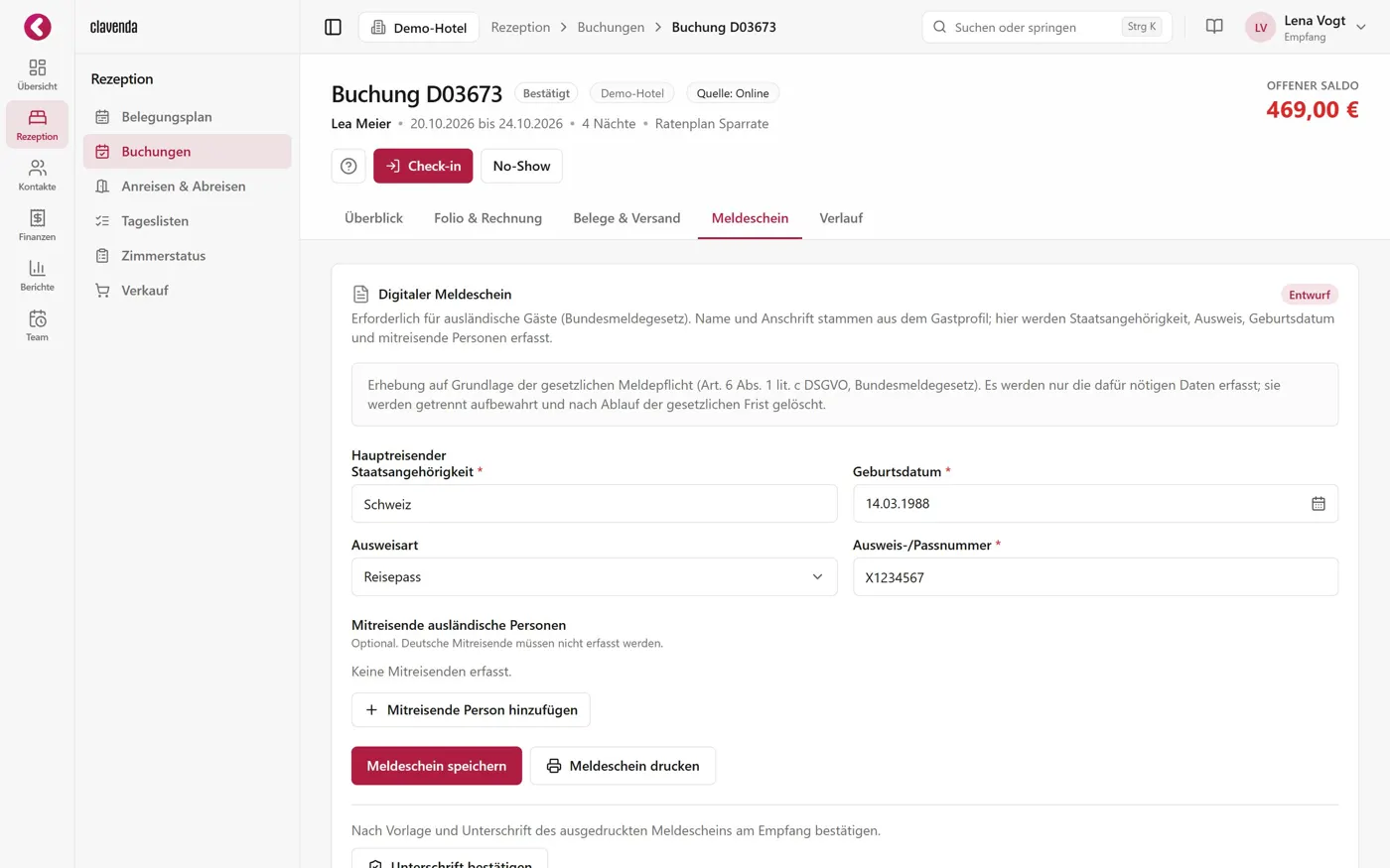 Meldeschein an der Buchung